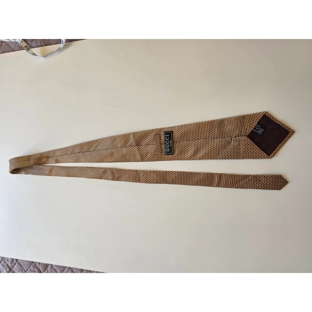 GUCCI 100% Silk Italy Preppy Old Money Maximalist Geometric Tan‎ Brown Tie